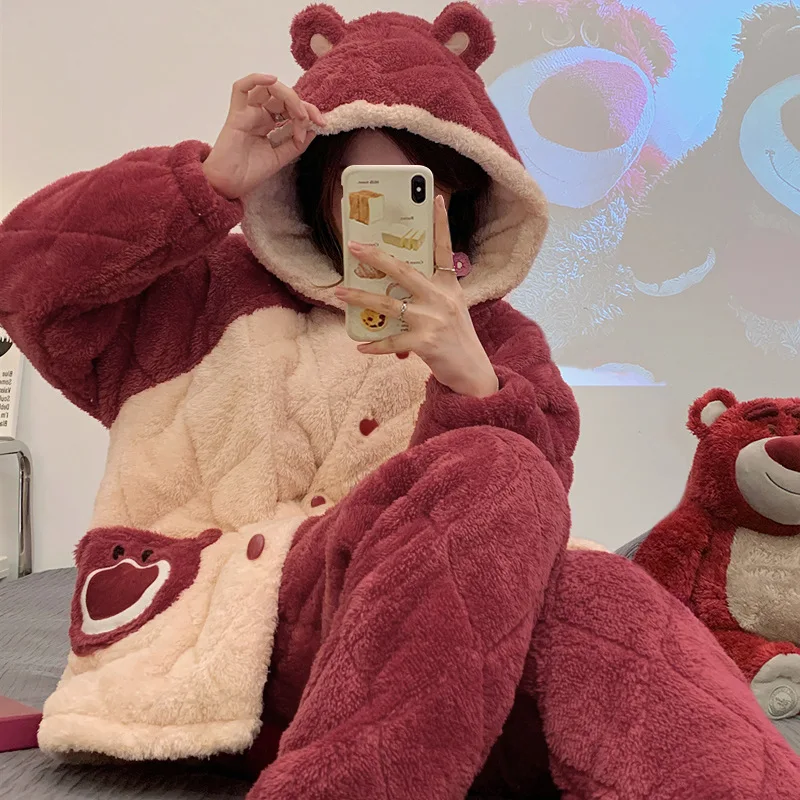 

Winter Thickened Pajamas for Women Flannel Cartoon Lots-O'-Huggin' Bear Warm Home Sleepwear﻿ Two Piece Set Ladies Nightgown Set