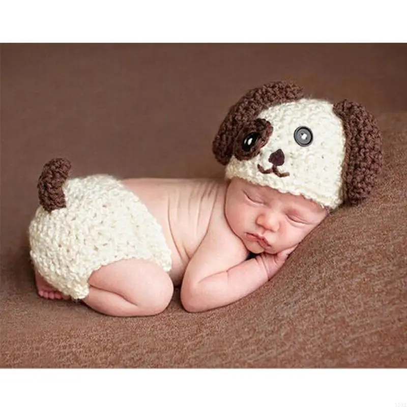 X5XE Newborn Photography Props Crochet Hat Set Jammies Pajamas with White Dog DIY Studio Accessories Handmade