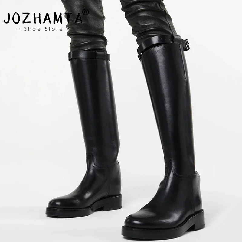 JOZHAMTA Size 34-43 Women Knee High Boots Genuine Leather Chunky Mid Heels Shoes Woman Winter 2023 Luxury Platform Long Boots