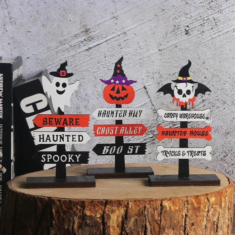 1pc Halloween Wooden Sign Ornament Cute Ghost Pumpkin Skull Direction Plaque Desktop Decor for Haunted House Party Display