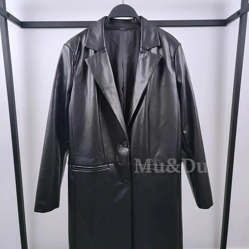 Mu&Du 2024Winter Women Vintage Straight Faux Leather Trench Coat Casual Long Motorcycle Jacket Female Street PU Outwear Overcoat