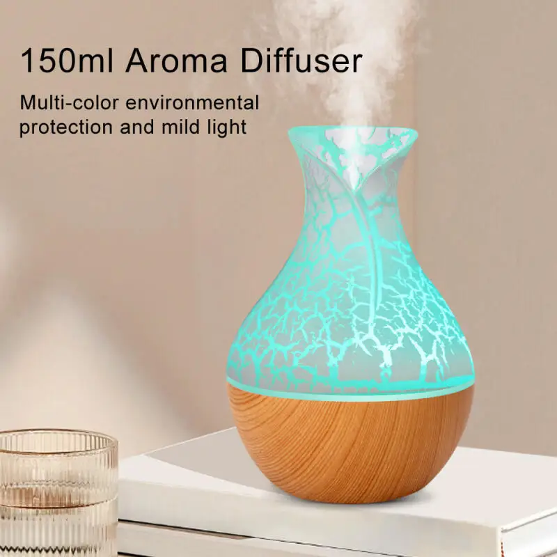 Mini USB Humidifier Wood Grain Aroma Diffuser 7 LED Color Humidifier 150ml Capacity Ultrasonic Air Humidifier Cool Mist for Home