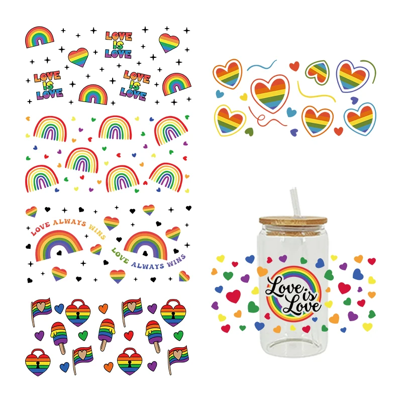 UV DTF Transfers Stickers, Rainbow Printed for DIY Glass, Ceramic Metal Leather, Valentine's Day Cup Wraps, 3D, 16oz D6823