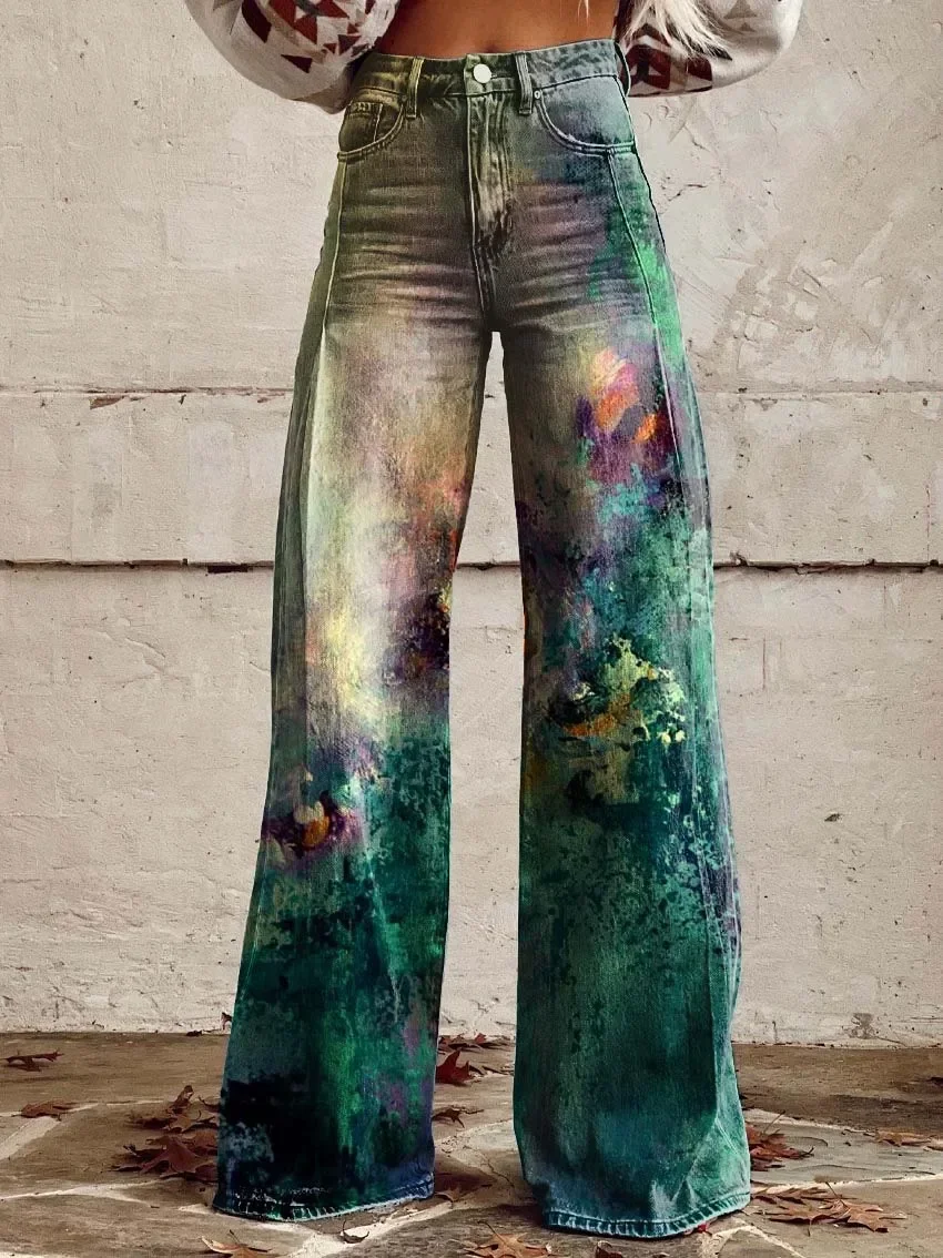 Jeans de flor e grama jovem estampado em 3D para mulheres, calça micro-flare feminina, jeans de perna larga, padrão floral retrô, nova moda