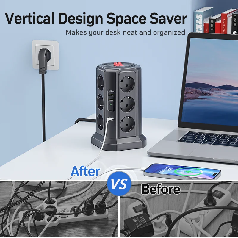 

Многорозеточная электророзетка Adea Eu 12-бит, 4000 Вт, 16 А, 2 порта USB A и C, черная модель с удлинителем 1,8 м, верхний выключатель.