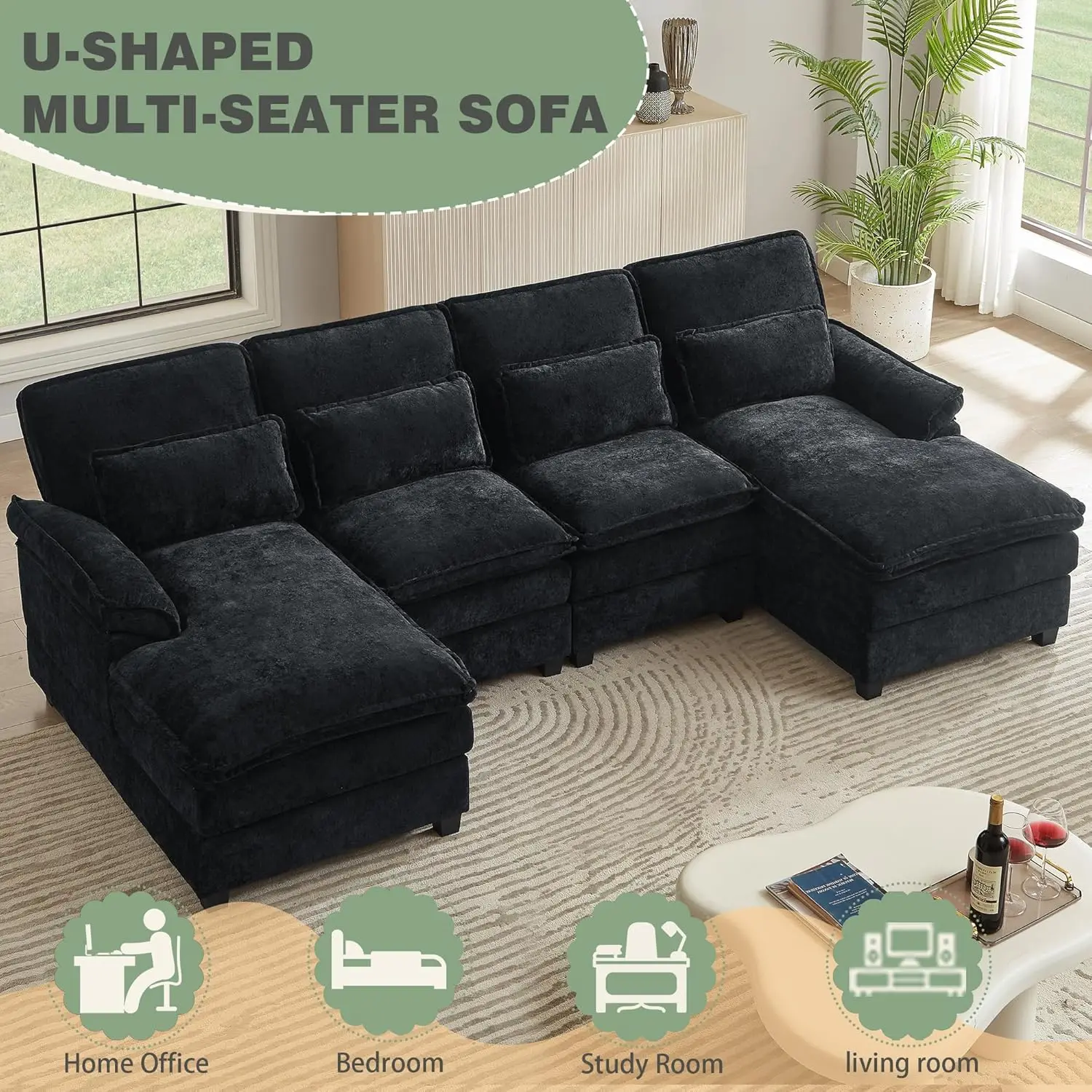 112" Modular Sectional Sofa, U Shaped Comfy Cloud Couch with Double Chaise and Padded Armrests, Modern Deep Seat, Customized