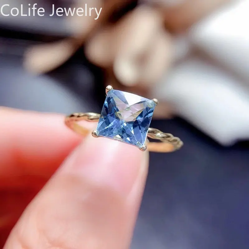 

1.5ct 7mm Light Blue Topaz Ring for Daily Wear VVS Grade Natural Topaz 925 Silver Topaz Jewelry with 3 Layers Gold Plating