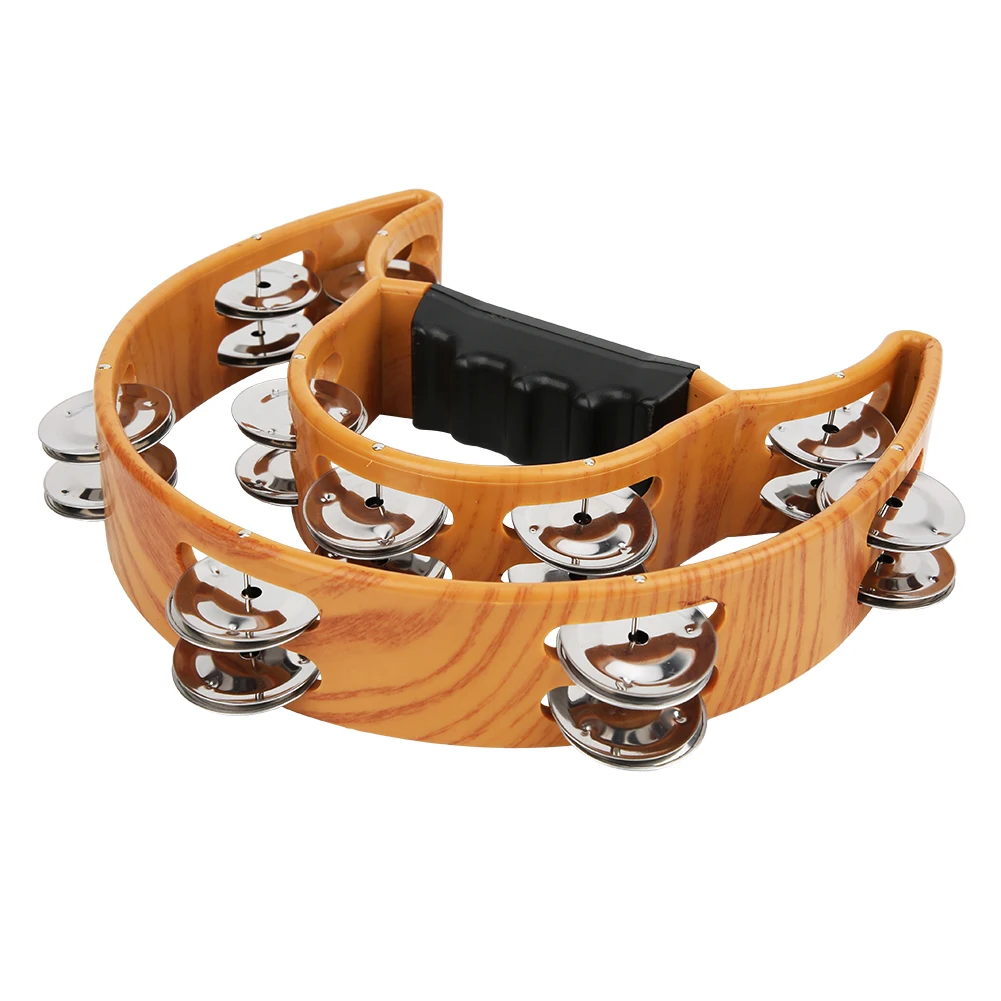Dubbele rij handbel-tamboerijn met metalen knipperende elementen en ergonomische handgreep, een percussie-instrument.
