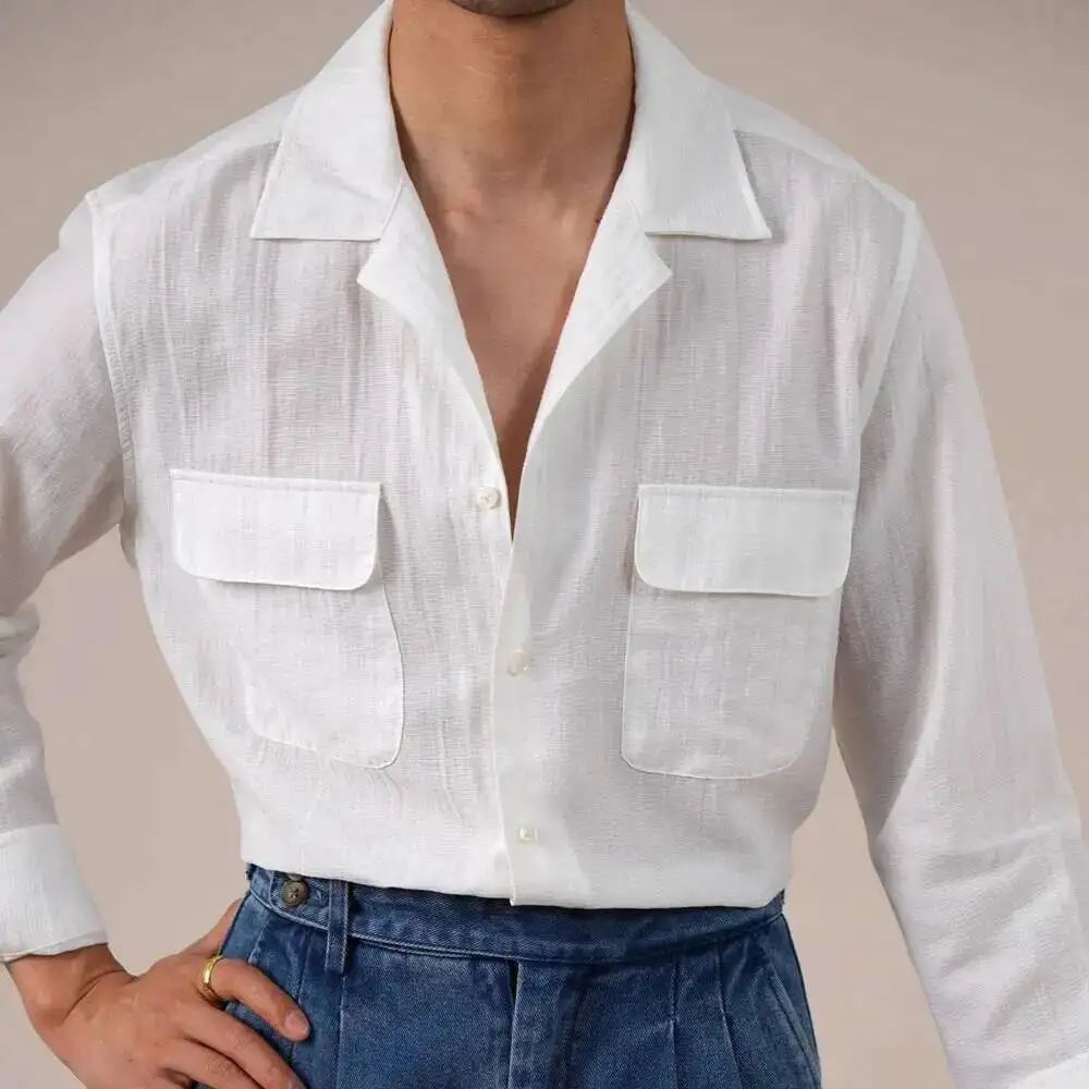 2026 Cotton Blend Cuban Collar Shirt For Men Long Sleeve Solid Color Breathable Camisa Social Masculina Casual Men's Top Shirt