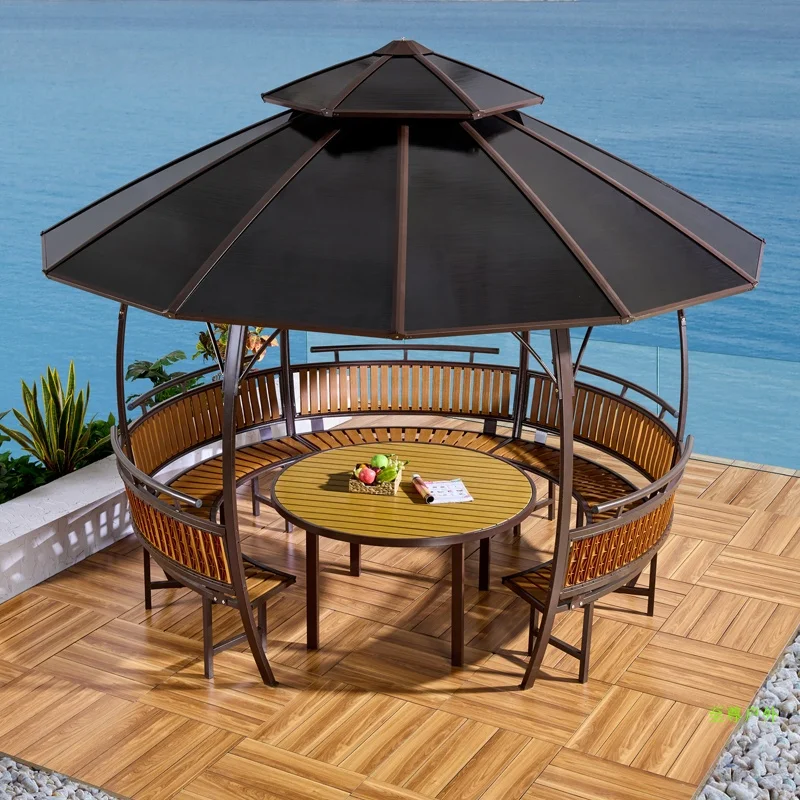 Wholesale OEM ODM Waterproof Pavilion Commercial Courtyard Leisure Dining Table Chairs Set Outdoor Furniture With Umbrella