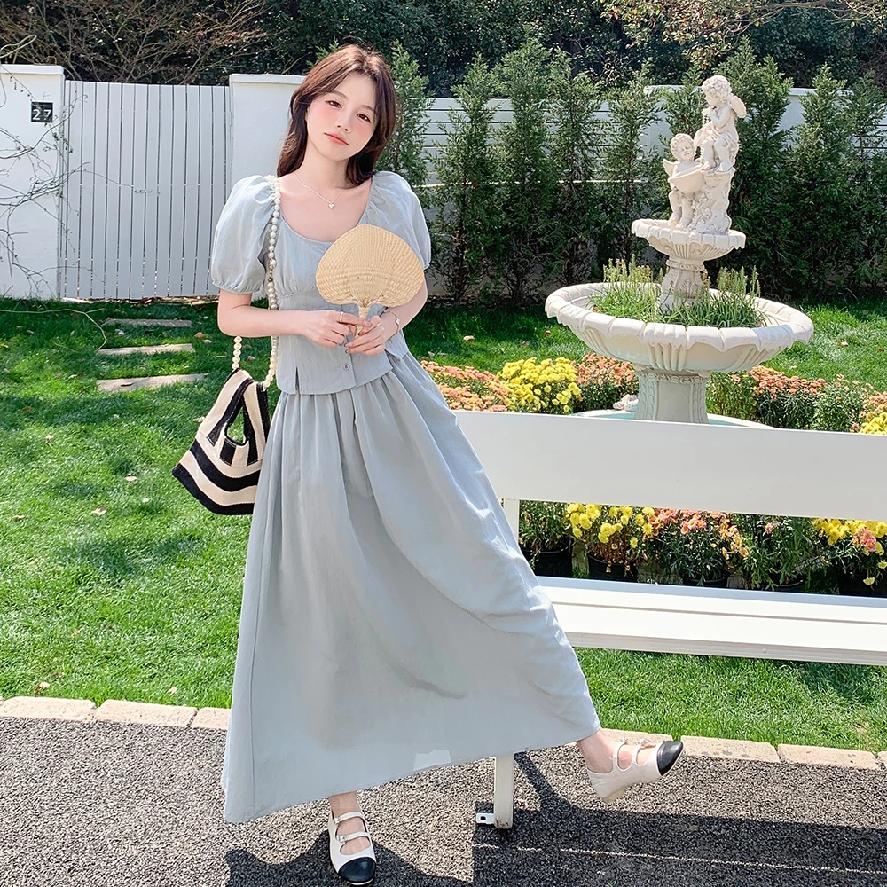 

Ретро Court Sle Bubble Sve Комплект с юбкой с завязкой на талии Женская летняя голубая юбка с полной юбкой f Body Комплект из двух предметов