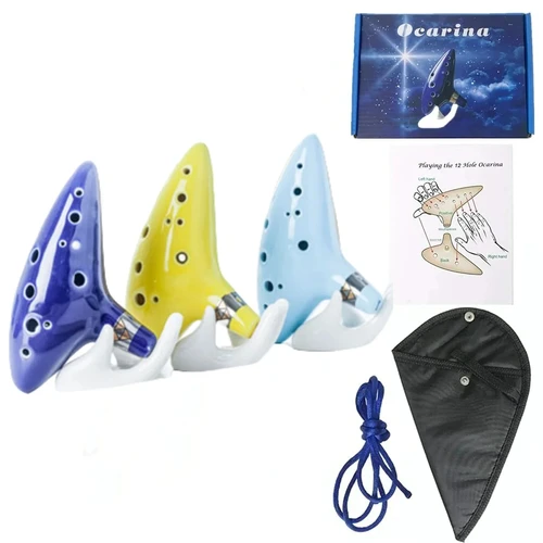 Ocarina, instrumento musical Ocarina de cerámica Alto C de 12 tonos con canciones, bolsa de transporte con cordón para el cuello, azul