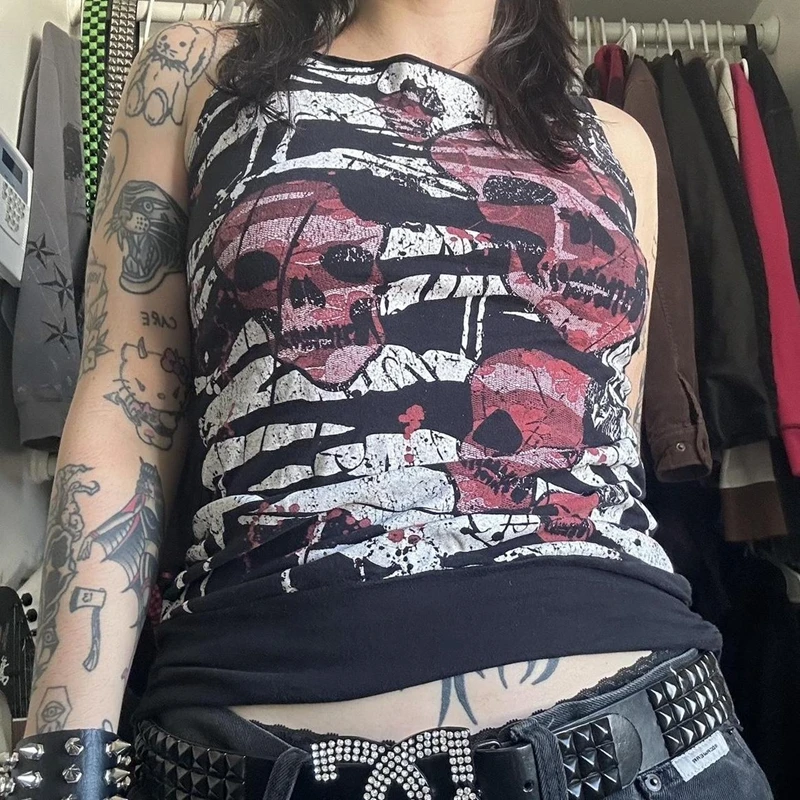 E-girl Gothic Cyber Mall Streetwear Y2K Grunge Skull Emo Tank Tops Women Sleeveless Vest 2000s Retro Graphic Kawaii Crop Tops