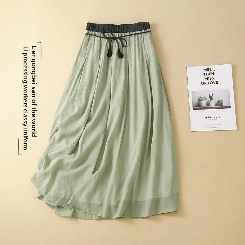 

Ele A-Line Cotton Linen Skirt Women's High Waist Long Dring Gown Retro Aosphere Japanese Sle Commute Summer Skirt