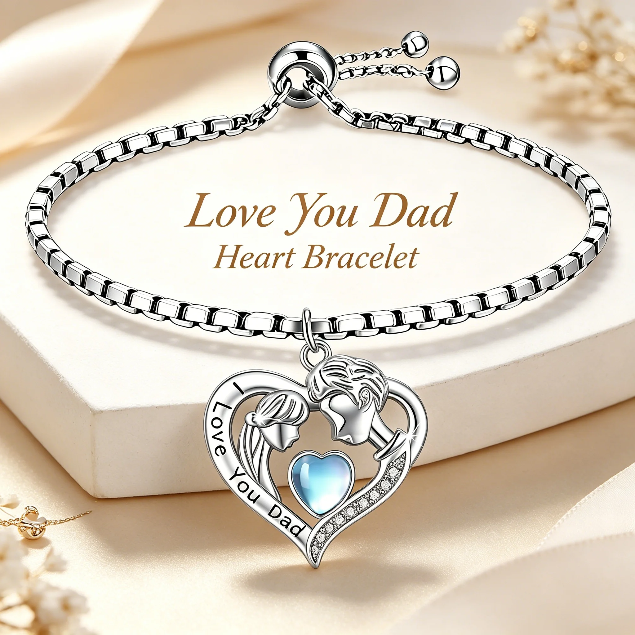 Colgante deslizante con contorno de corazón brillante y silueta de padre e hija cara a cara, con acento de piedra lunar, y pulsera de cadena tipo box ajustable, joyería para mujer que simboliza la unión familiar profunda y duradera, regalo de gratitud cálida y sincera para papá, ligero para uso diario.