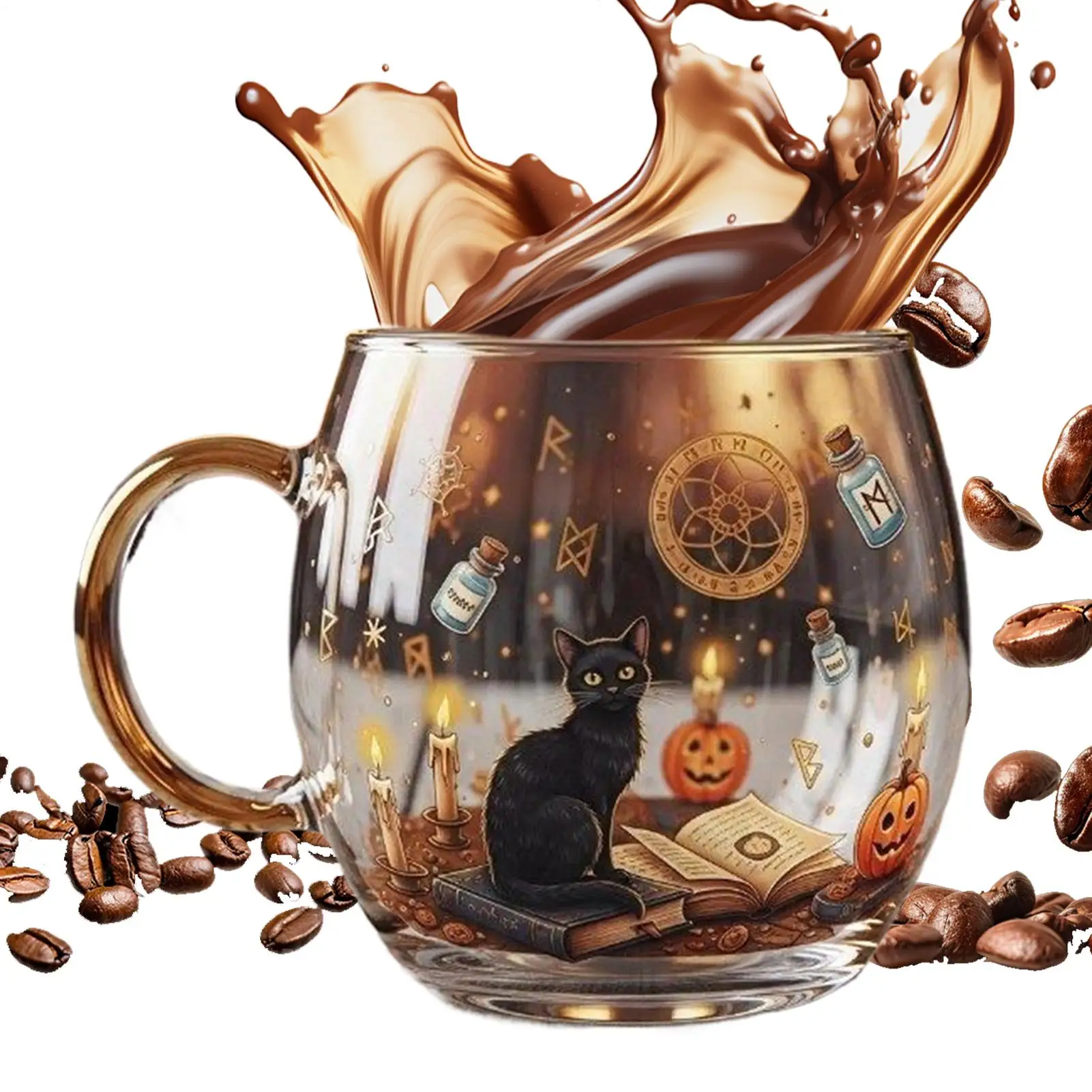 

Glass Halloween Cup Glass Spooky Mug Painted Pattern Cute Coffee Mug For Hot Water Tea Cold Drinks Beverage Travel Home Kitchen