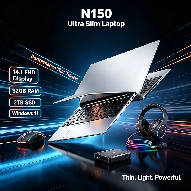 14.1 Inch FHD IPS Notebook - 120Hz Refresh Rate Intel N150 32GB RAM 2TB SSD Backlit Keyboard  for Gaming And Multimedia