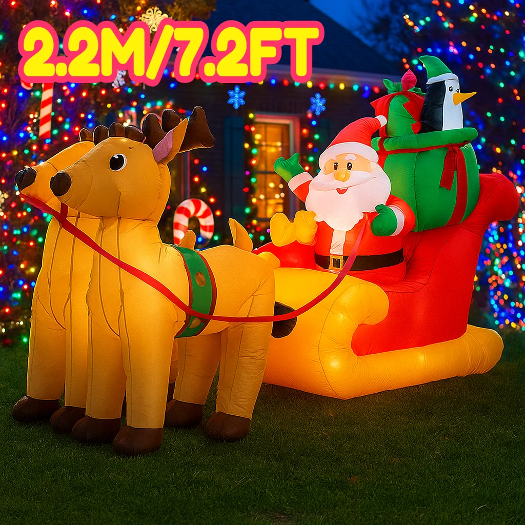 

2.2M/7.2FT Santa Claus Reindeer Sleigh Inflatable Model Christmas Decor LED Lights Outdoor Holiday Decor Home Yard Party Toys
