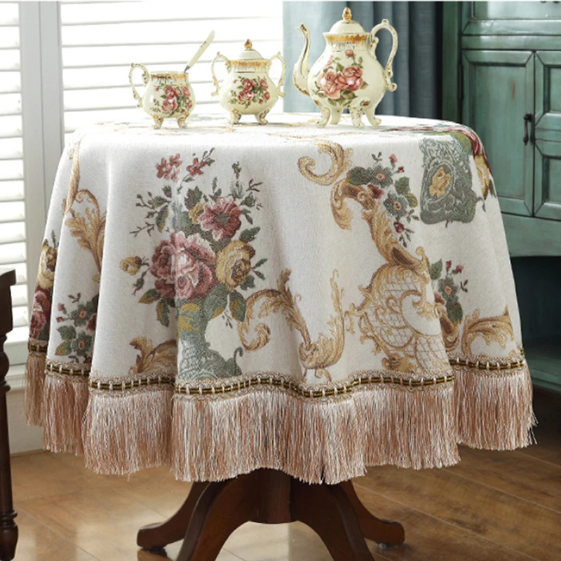 

European Dustproof Tassel Table Cloth Embroidery Tablecloth Round Dining Desk Retro Table Cover Cloth Living Room Decor 식탁보