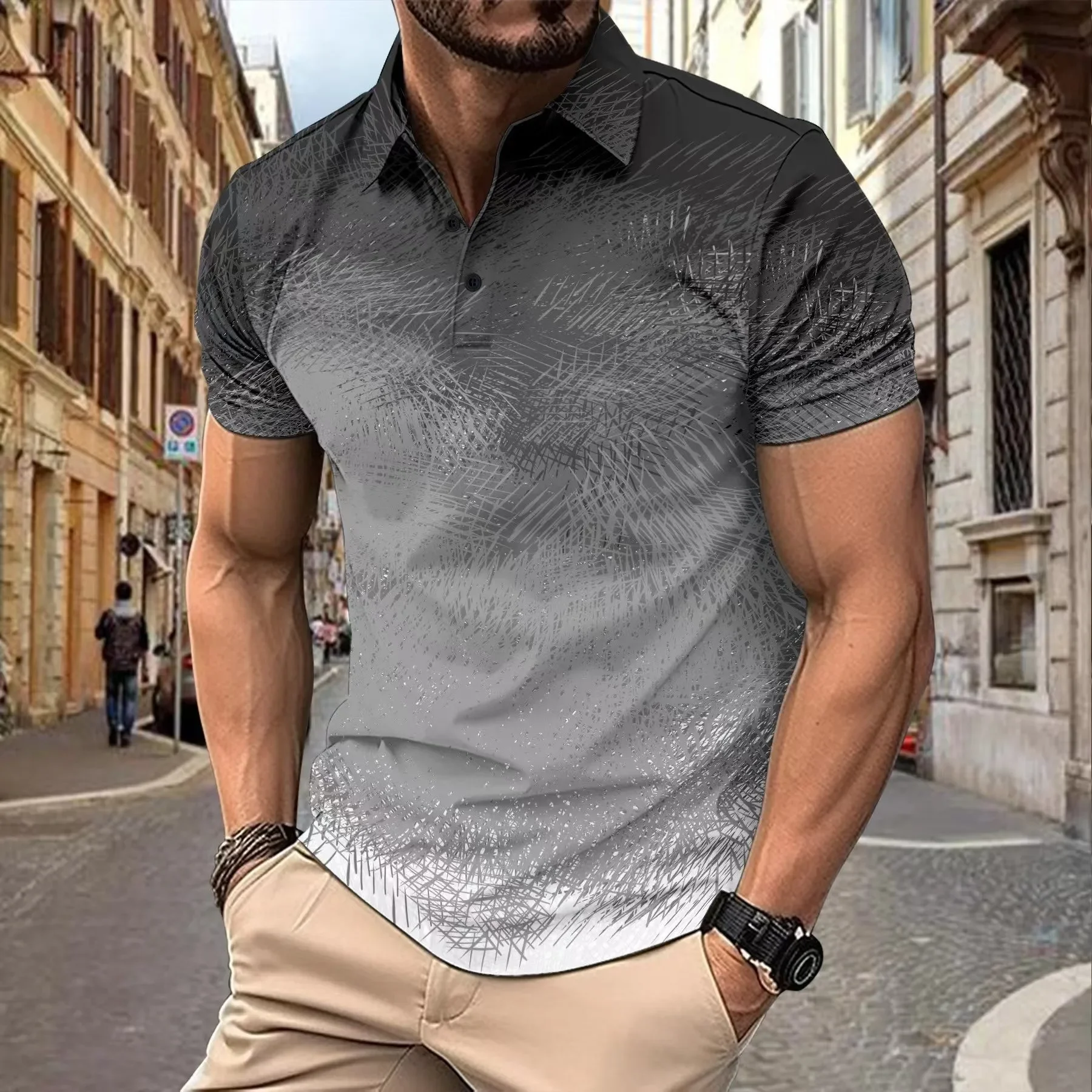 

Топ с градиентным принтом в полоску, с лацканами, модный, с короткими рукавами, серый цвет POLO.