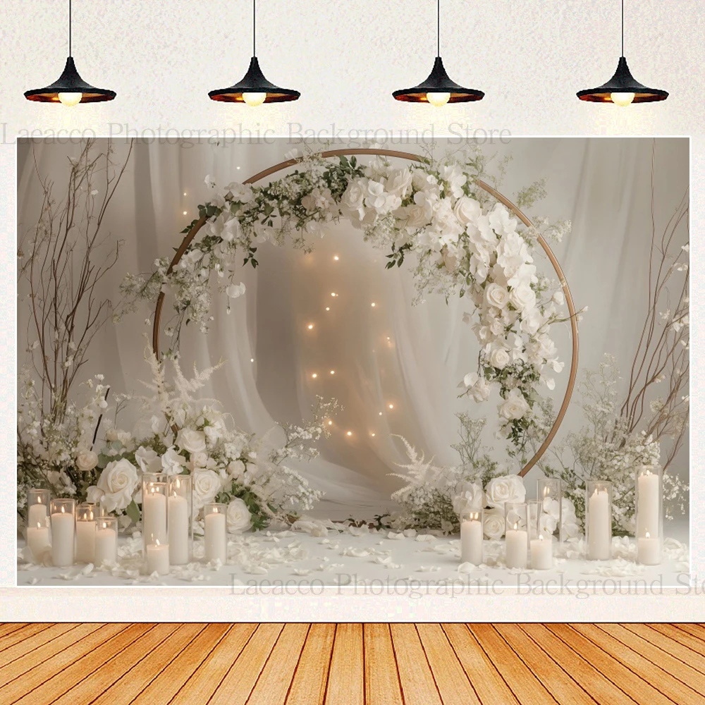 Romantic Wedding Photography Background White Rose Arch Bridal Shower Engagement Party Cake Table Banner Photobooth Studio Props