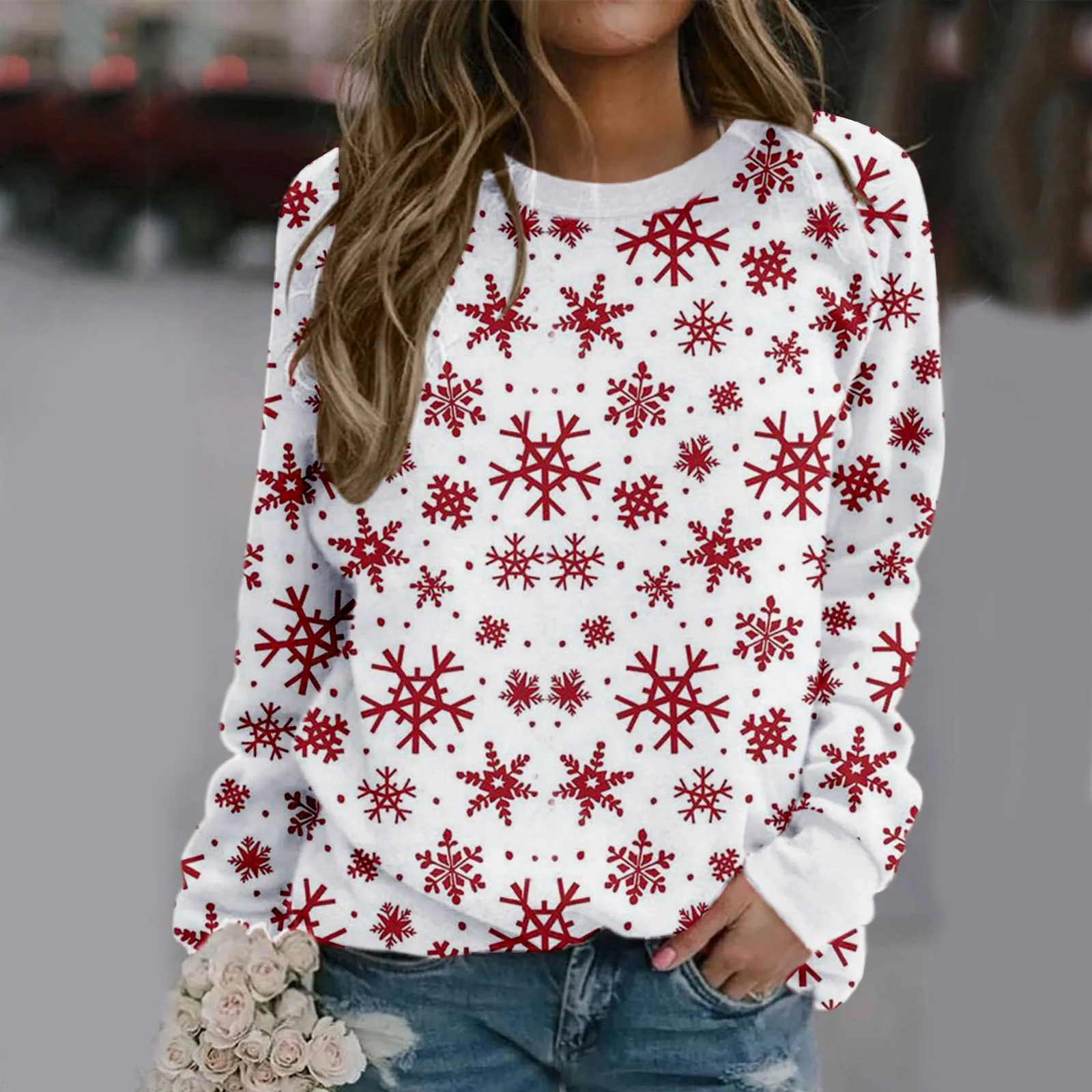 Festive Printed Sweatshirt Women Christmas Long Sleeve Pullover Winter Candy Cane Tree Top Casual Holiday Crewneck Apparel T1