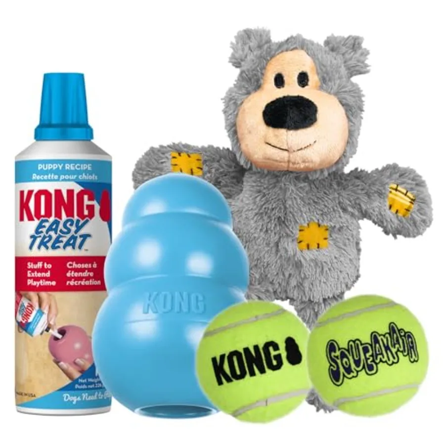 

Puppy Starter Dog Toy Kit - Interactive Play Kit with SqueakAir Balls Easy Treat Wild Knots Bear and Toy - For Medium Puppies -