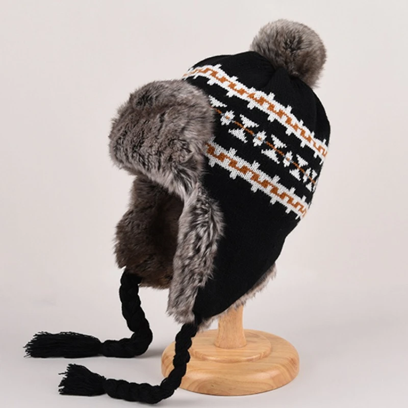 1pcs Winter Unisex Knitted Trap Hat Windproof Warm Baseball Cap with Furry Fluffy Ear Covers Outdoor Travel Hiking Ski Hat