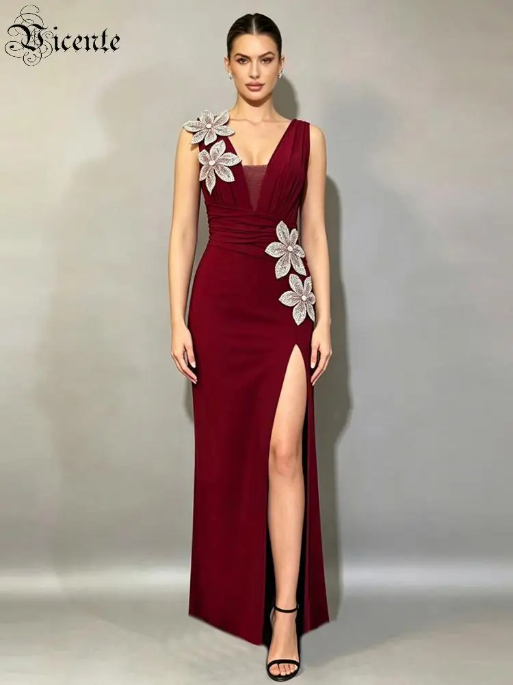 

VC Luxury Burgundy Bandage Evening Dress Women Elegant Deep V Neck Flower Rhinestone Split Maxi Party Gown vestidos