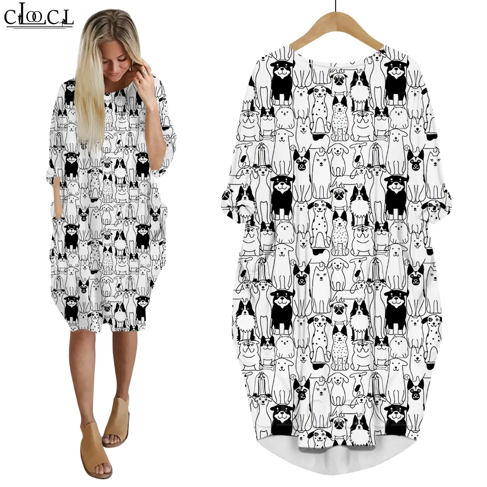 

CLOOCL Dress Women Robe Femme Autumn Spring Summer Long Sleeves Crew Neck Puppy Print Dress with Pocket Loose Fit Dresses