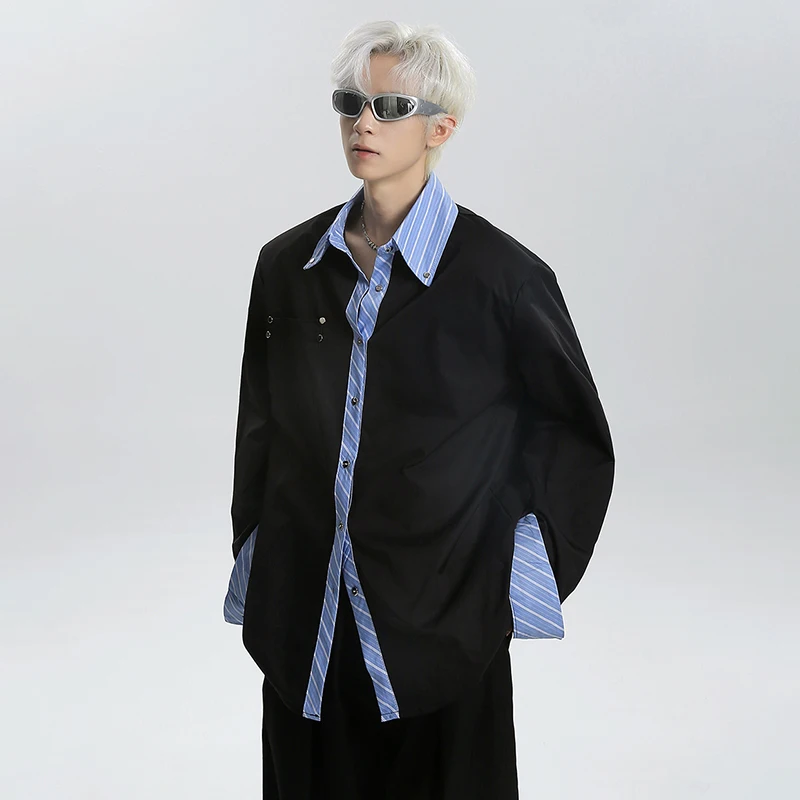 LUZHEN Color Contrast Edge Splicing Fake Two Piece Design Loose Shirts Men's Fashion 2025 New Handsome Long Sleeve Tops JY5866
