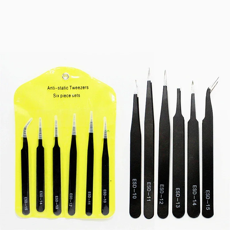 

6pcs Anti-Static Stainless Steel Tweezers Precision Maintenance Industrial Repair Curved Working Model Making Hand Tool