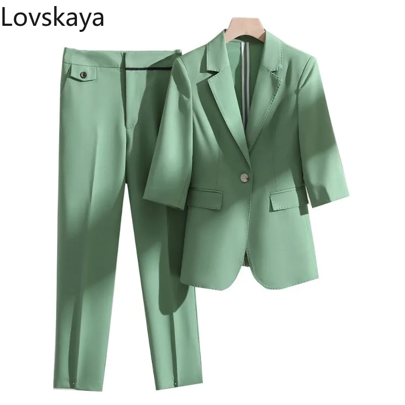 Female Business Work Wear Formal 2 Piece Set Blazer For Office  Spring Summer Pant Suit Women Green Blue Pink