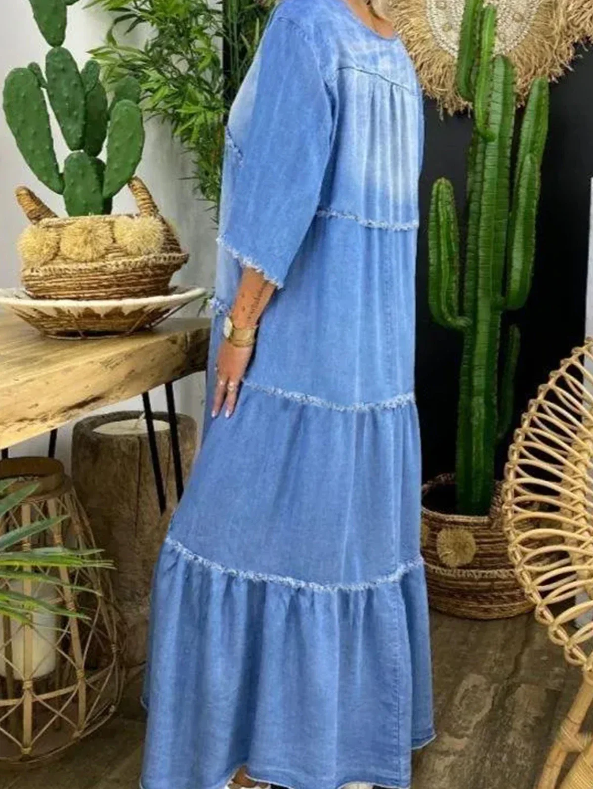 Denim Long Dress Women Summer Loose V Neck Half Sleeve Denim Big Swing Dresses Lady Fashion Casual Stitching Jeans Dress 2025