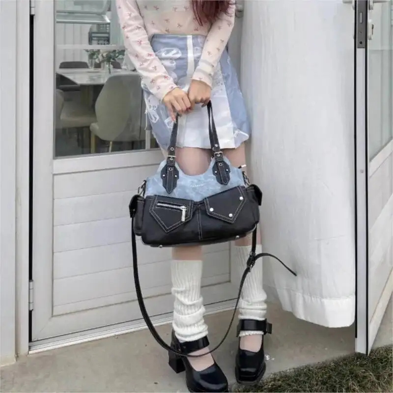 Bloom Vintage Casual Y2k Handbag Women High Street Patchwork Pocket Shoulder Ladies Retro Large Capacity Tote Bag Chic