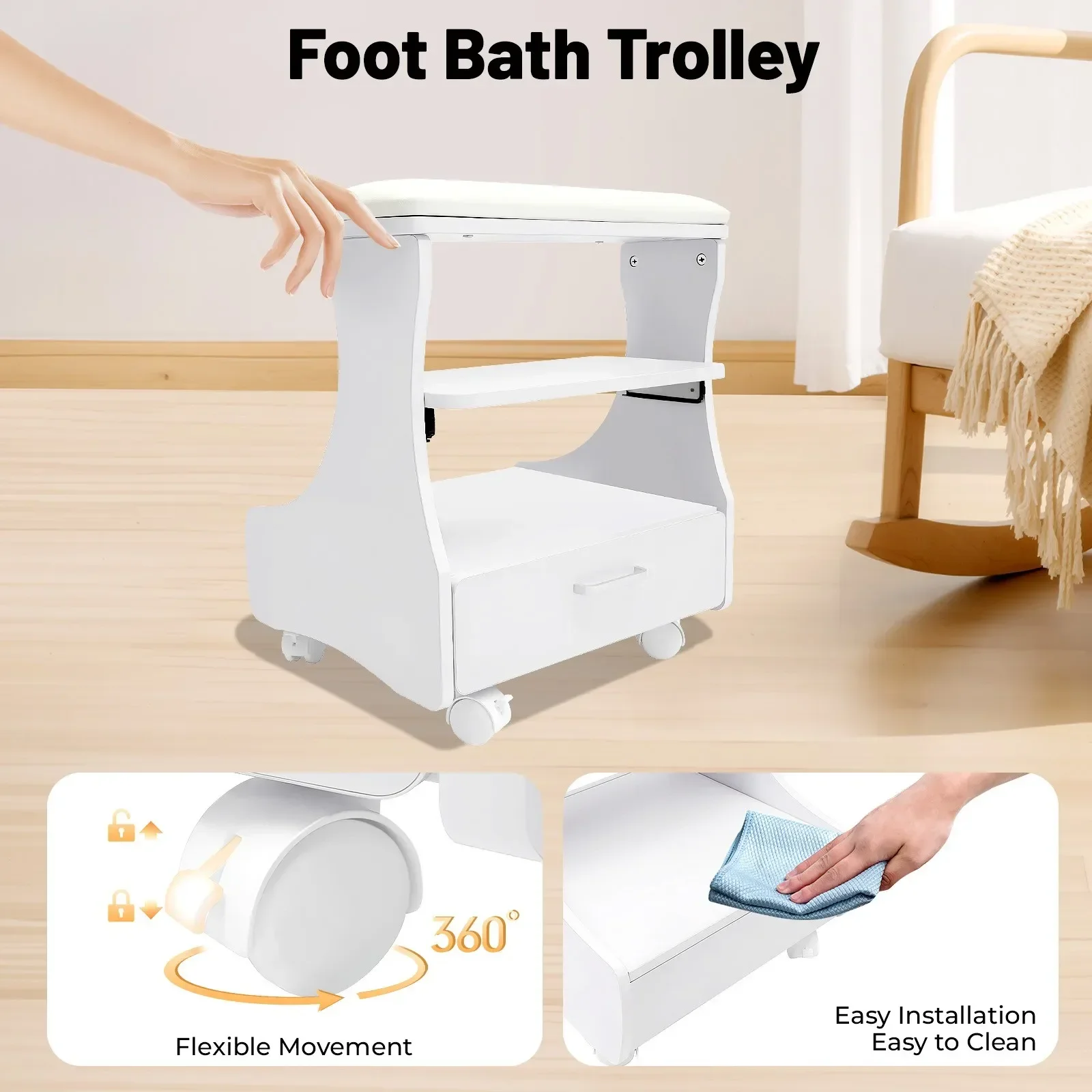 White Multi-functional Footbath Stool with Wheels, Mobile Foot Bath Cart Holder with 44.09 lbs Load Capacity for Nail Salon Spa