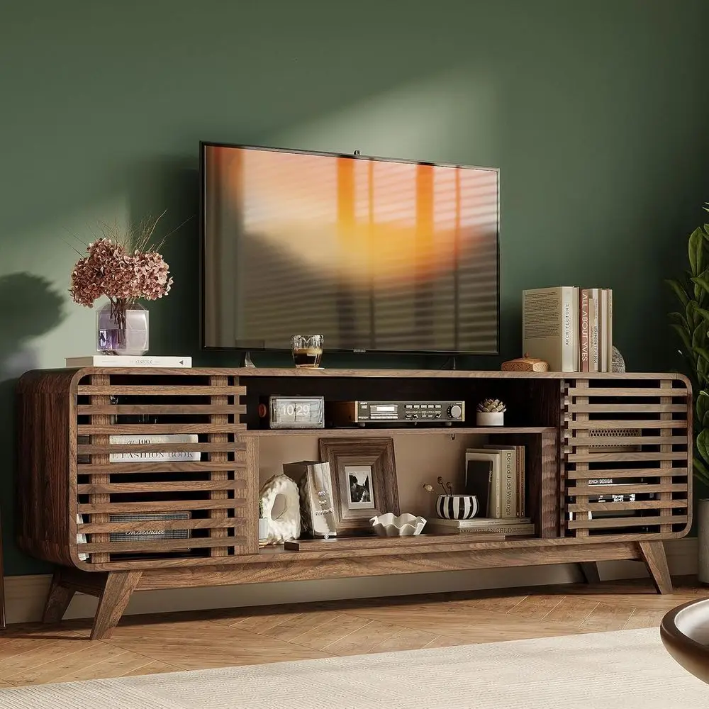 

Современная подставка под телевизор середины века из орехового дерева для 80-х телевизоров с раздвижными решетчатыми дверцами, медиаконсоль для гостиной