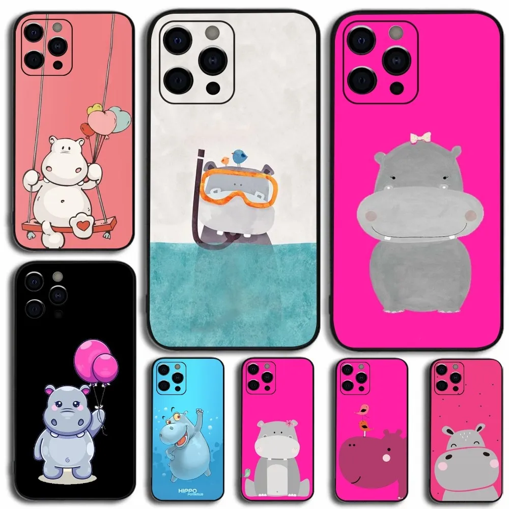 

Cartoon Animal Hippopotamus Phone Case For Apple iPhone 15,14,13,12,11,Pro,X,XS,Max,XR,Plus,Mini Soft Black Cover