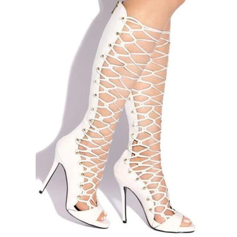 Ladies Front Eyelet Strappy Cut Out Sandals Boots Peep Toe Cross Strap Fishnet Knee Boots Back Zip Gladiator High Heels Bottin