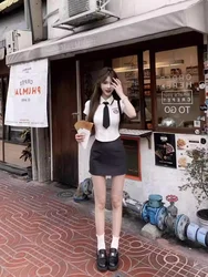 Summer College Style Korean British JK Uniform Set High School Design Waist-Cinching White Shirt Bodycon Skirt Two-Piece Set