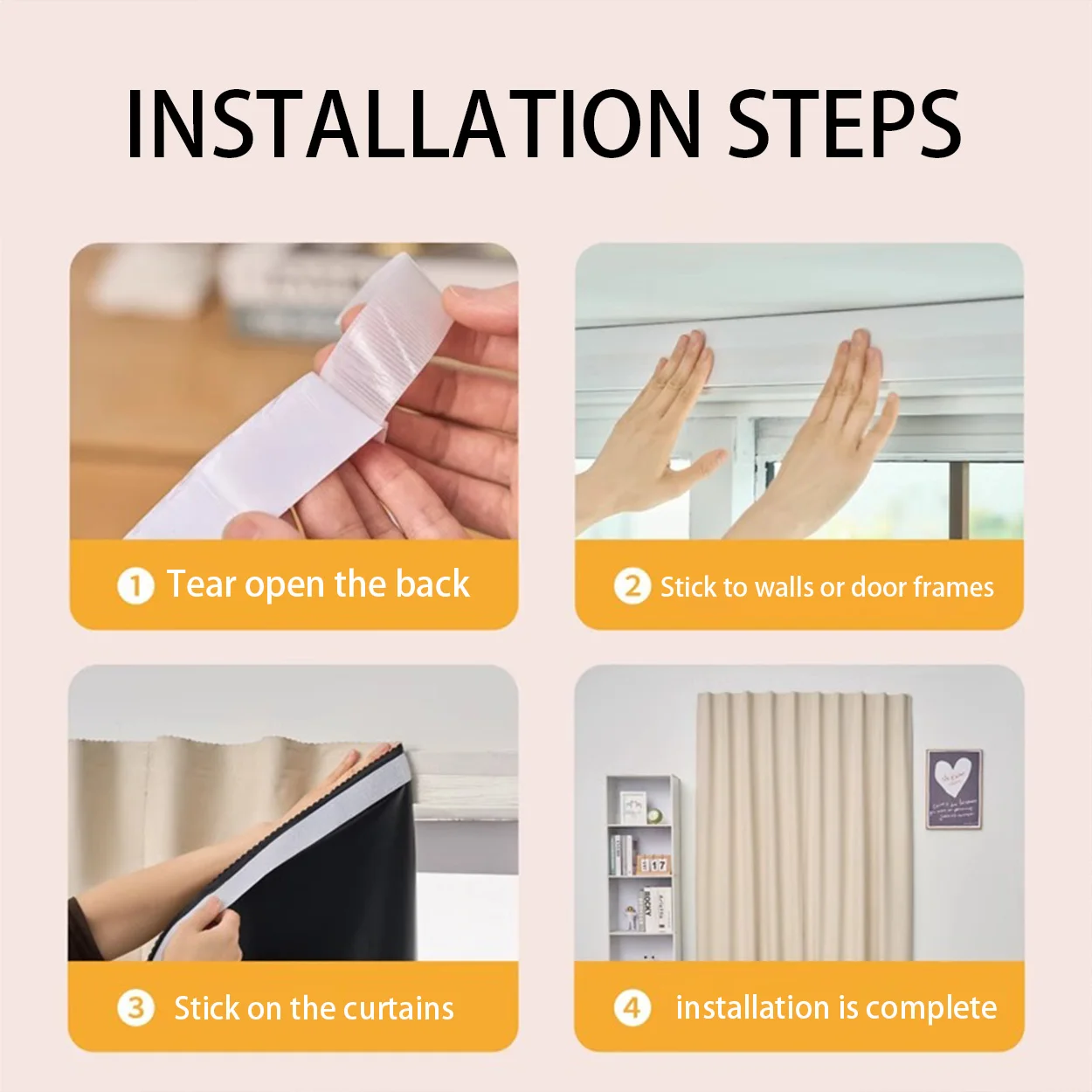 ستائر تعتيم 100%، ستائر فيلكرو يمكن لصقها بدون ثقب، ستائر محمولة لغرفة النوم، غرفة المعيشة، الطابق السفلي، التعتيم، الحماية من الشمس والعزل الحراري