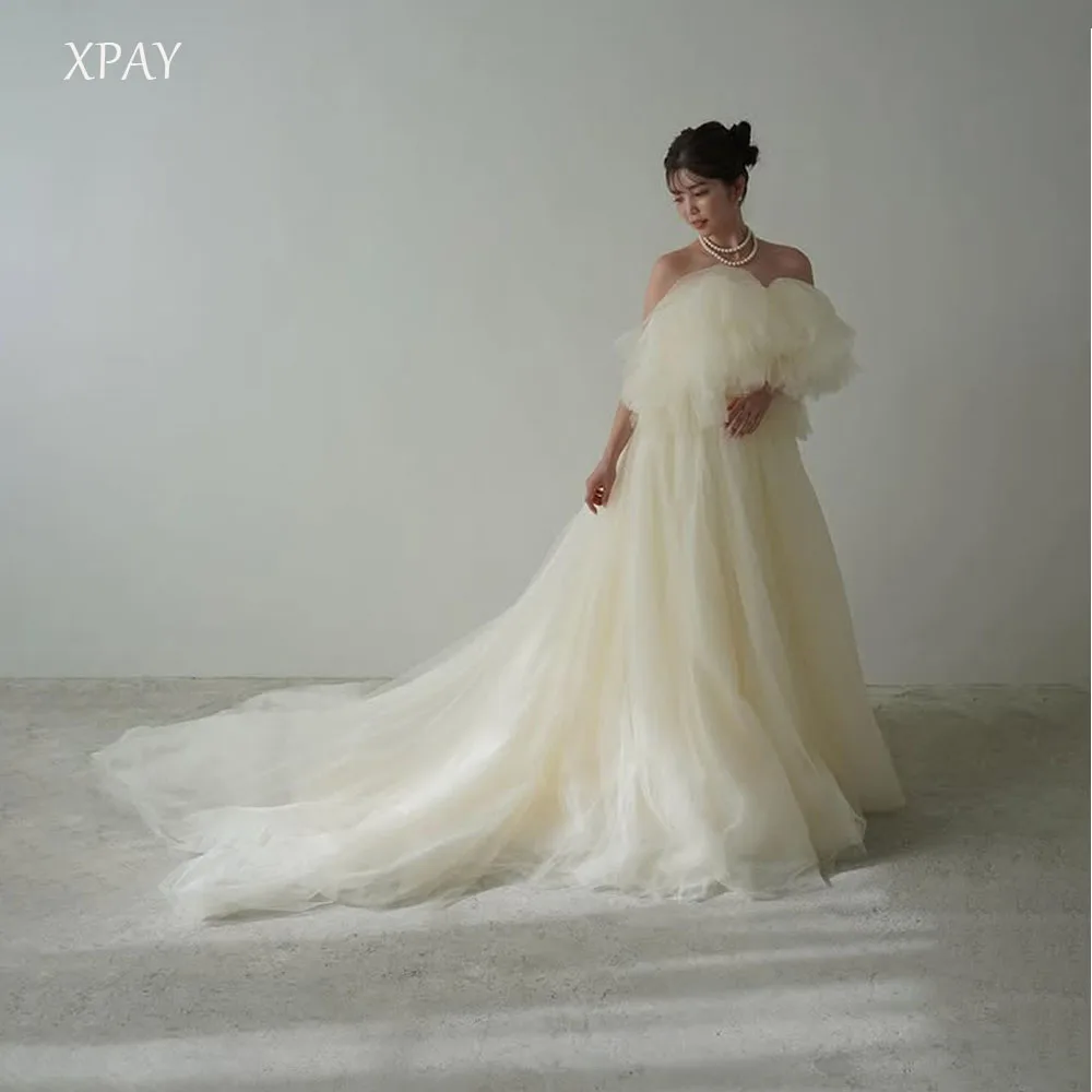 

XPAY Fluffy Multi layered Tulle Ivory Strapless Wedding Dresses Photo shoot Korea Japan Bride Gowns ウエディングドレス Customized Train