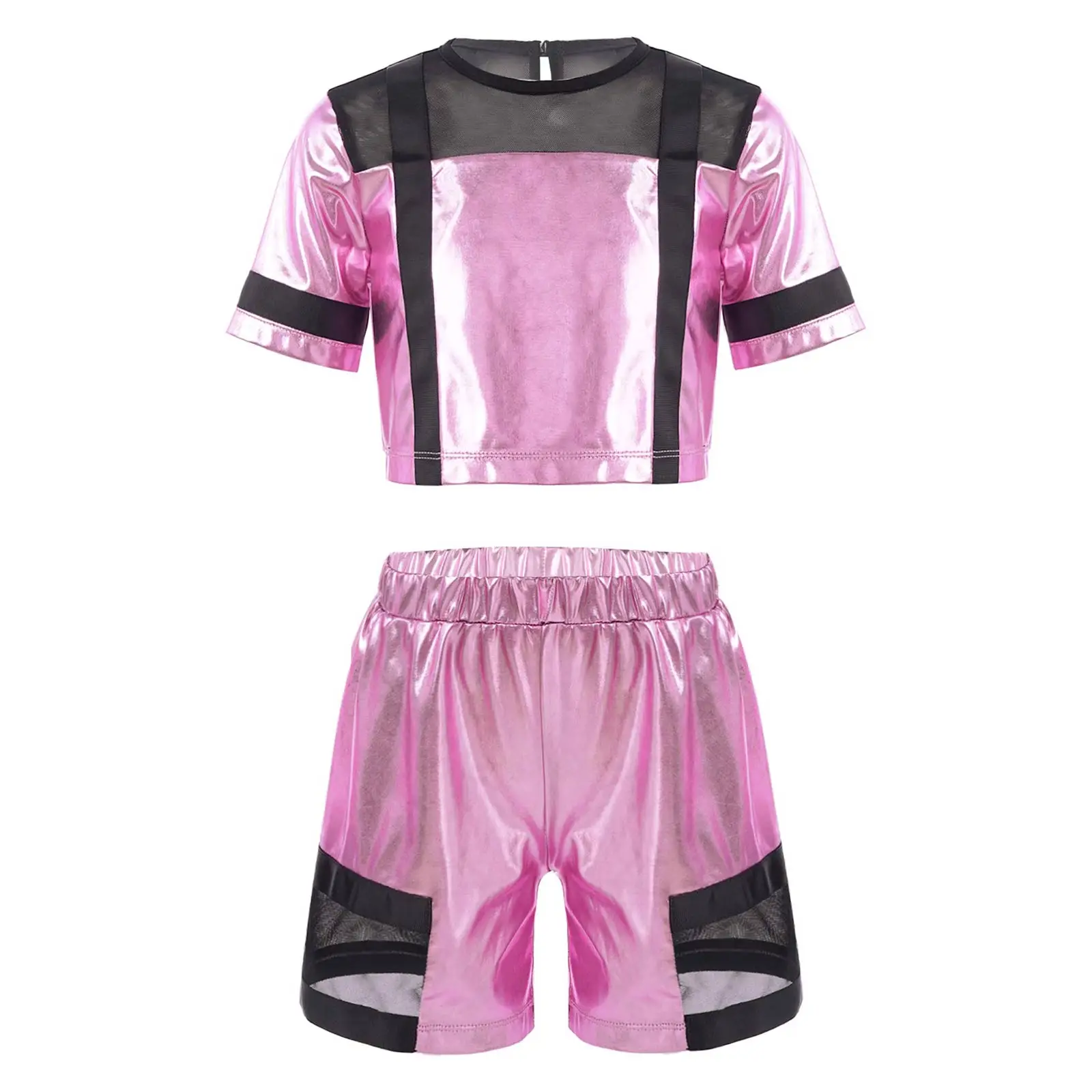 

Kids Girls Shiny Bronzing Cloth Mesh Patchwork Crop Top With Shorts Set Hip Hop Jazz Dancing Performance Costume Dancewear