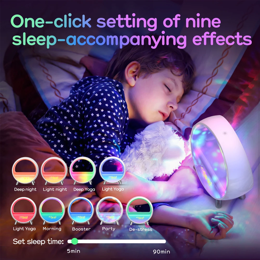 LED Sunrise Wake-up Light Smart Alarm Clock 15W Fast Wireless Charger Night Light for Bedroom Bedside White Noise Ambient Lamp