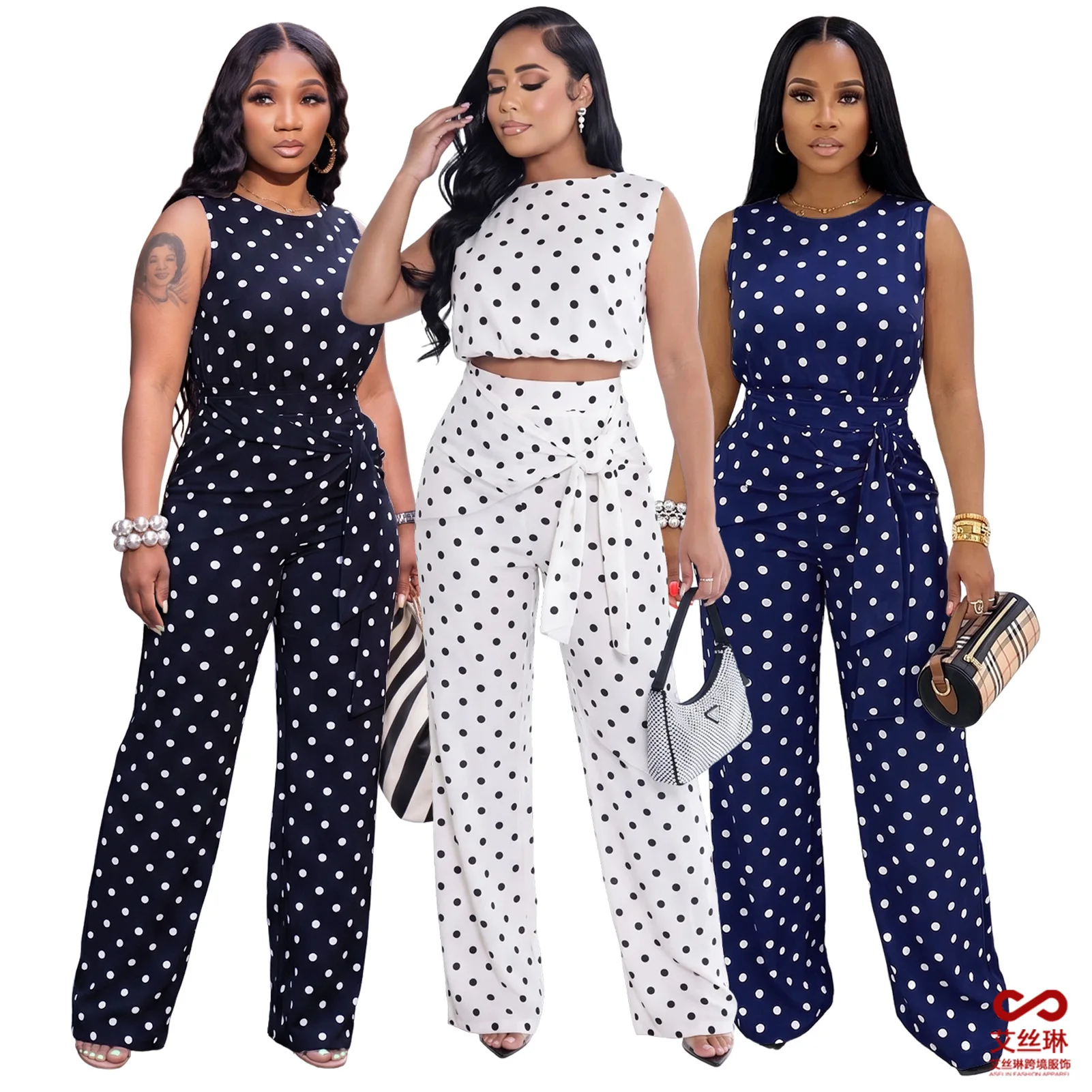 Two Pieces Women Pant Sets Polka Dot Matching Set Sleeveless Top High Elastic Waist Straight Pants Slim Fit Casual 2026 Summer