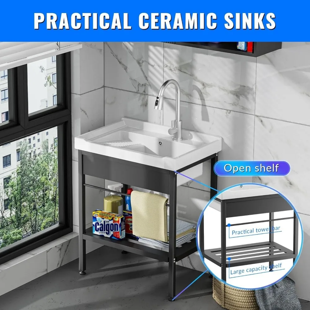 حوض سيراميك مقاس 28 × 19 × 34.3 مع مجموعة لوح غسيل، قائم بذاته، صنبور مياه بارد وساخن، يتضمن خراطيم، حوض غرفة الغسيل S #6