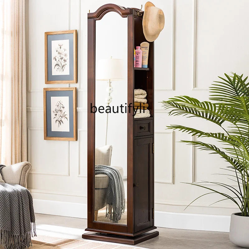 AmericanStyle Solid Wood Full-Body Floor Mirror European-Style Retro Changing Mirror Bedroom Vertical Storage Rotating Coat Rack