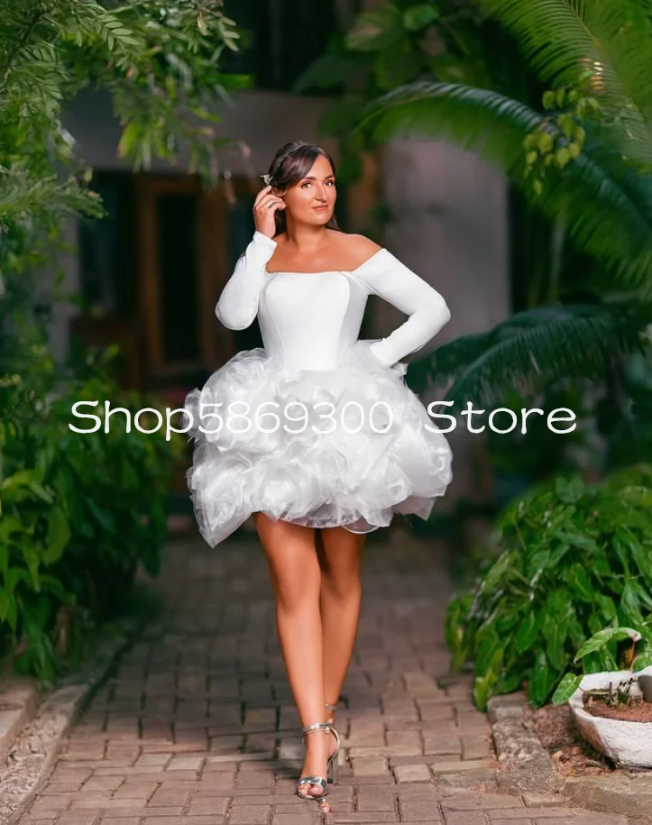 Summer Beach Holiday Short Wedding Dresses Off Shoulder Long Sleeve Ruffles Floral Skirt Garden Bridal Gown Outfit Customiszed
