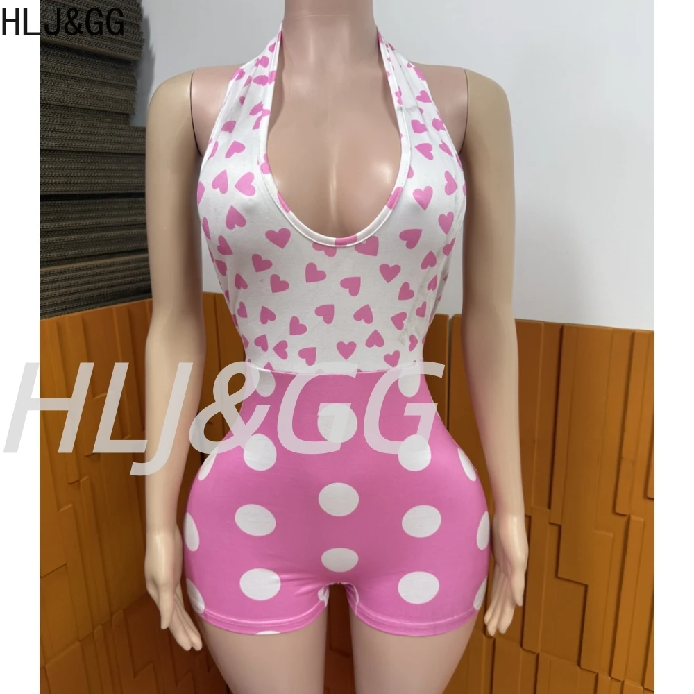 

HLJ&GG Pink Fashion Trend Polka Dot Print Bodycon One Piece Rompers Women Halter Deep V Backless Slim Jumpsuits Sexy Overalls
