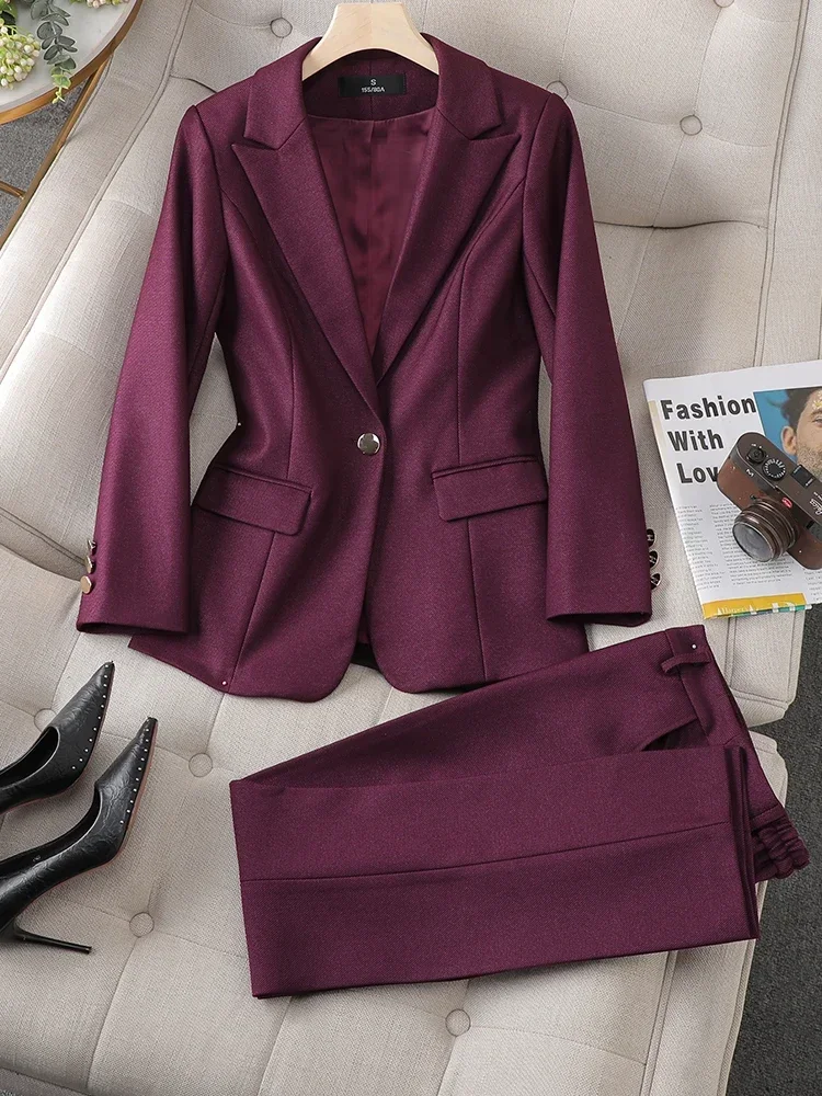 Ladies Formal Blazer And Pant Suit Women Purple Blue Jacket Trouser Female Business Work Wear 2 Piece Set